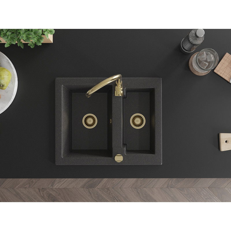 Mexen Carlos granitový drez 1,5-komorový s kuchynskou batériou Telma, čierna bodkovaná - 6518-76-670200-50