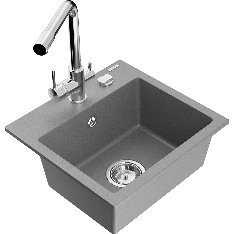 Mexen Milo granitový kuchynský drez s jednou komorou a kuchynskou batériou Duero, sivý - 6505-71-671600-00