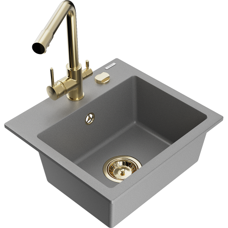Mexen Milo granitový kuchynský drez 1-komorový s kuchynskou batériou Duero, sivý - 6505-71-671600-50