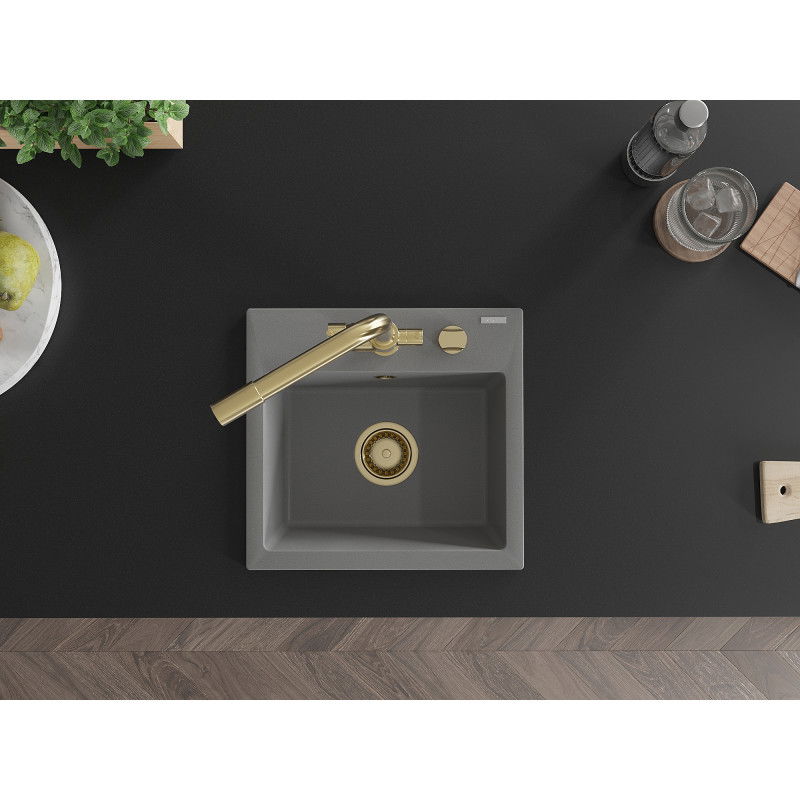 Mexen Milo granitový kuchynský drez 1-komorový s kuchynskou batériou Duero, sivý - 6505-71-671600-50