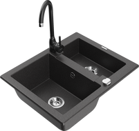 Mexen Carlos granitový drez 1,5-komorový s kuchynskou batériou Telma, čierny bodkovaný - 6518-76-670200-70