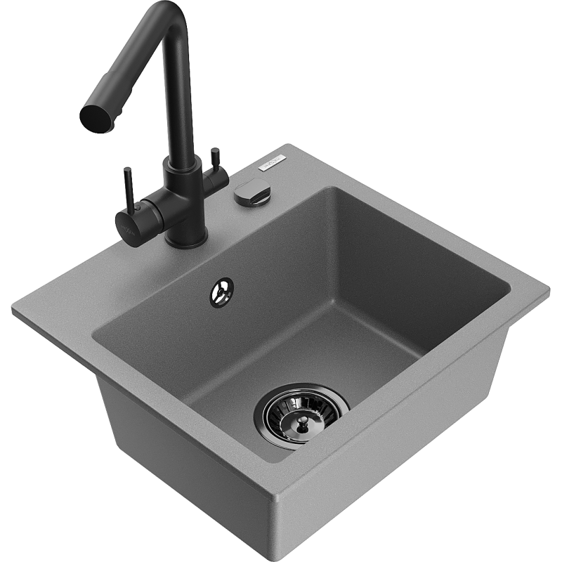 Mexen Milo žulový kuchynský drez 1-komorový s kuchynskou batériou Duero, sivý - 6505-71-671600-70-B