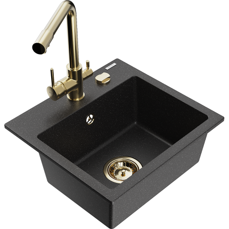 Mexen Milo jednokomorový žulový drez s kuchynskou batériou Duero, čierno/strieborný metalický - 6505-73-671600-50