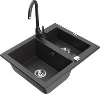 Mexen Carlos žulový kuchynský drez 1,5-komorový s kuchynskou batériou Telma, čierny škvrnitý - 6518-76-670200-76
