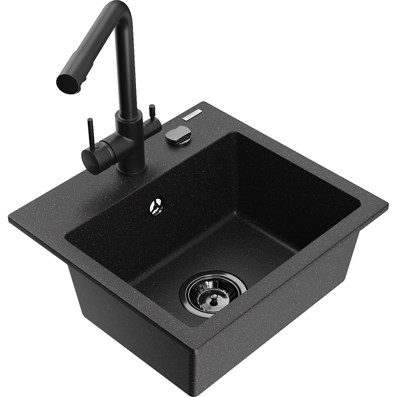 Mexen Milo granitový drez 1-komorový s kuchynskou batériou Duero, čierny/strieborný metalik - 6505-73-671600-70-B