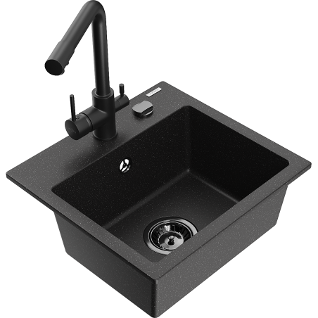 Mexen Milo granitový drez 1-komorový s kuchynskou batériou Duero, čierny/strieborný metalik - 6505-73-671600-70-B