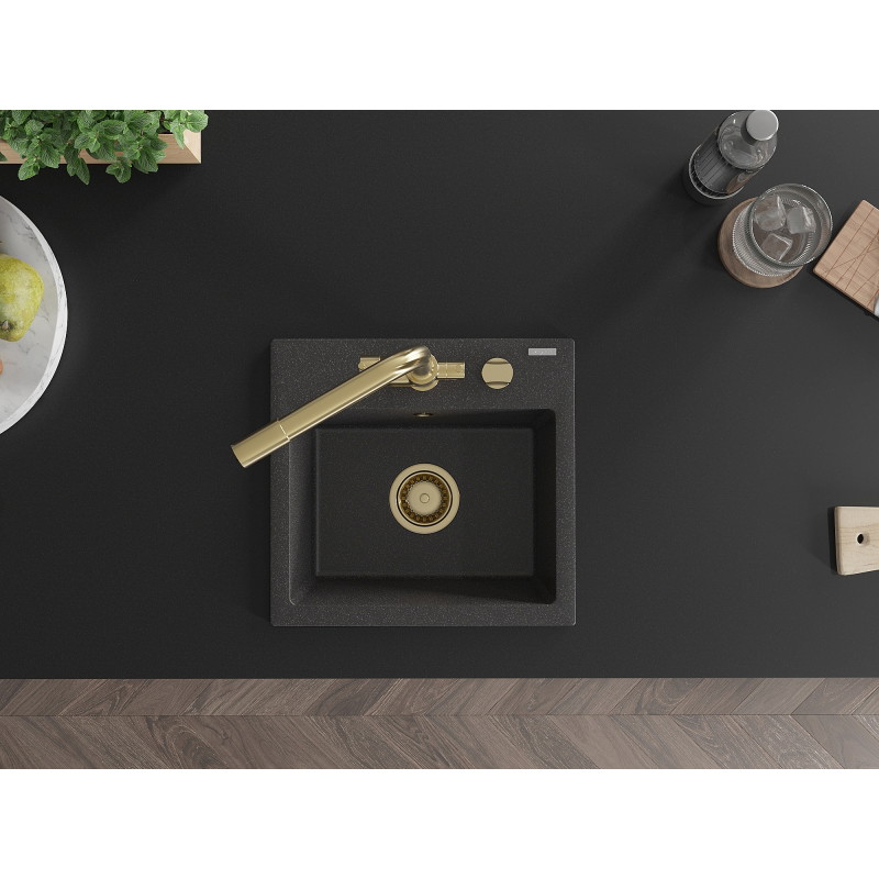 Mexen Milo granitový kuchynský drez s 1 komorou a kuchynskou batériou Duero, čierny škvrnitý - 6505-76-671600-50