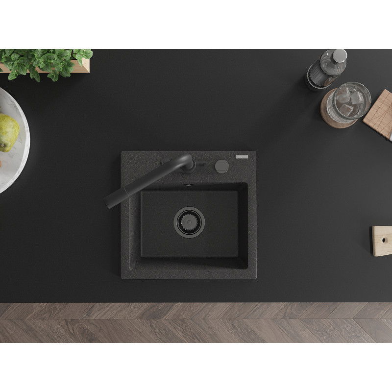 Mexen Milo granitový drez s 1-komorou a kuchynskou batériou Duero, čierny s škvrnami - 6505-76-671600-70-B
