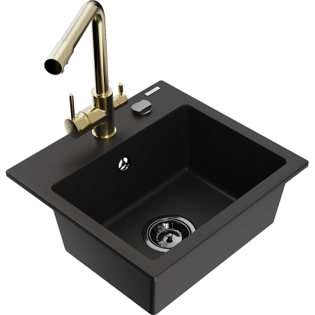 Mexen Milo jednovaničkový granitový drez s kuchynskou batériou Duero, čierny - 6505-77-671600-50-B