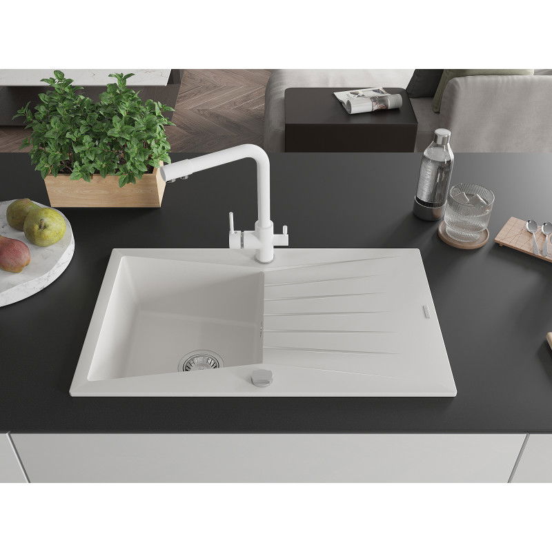Mexen Cesar žulový kuchynský drez s odkvapkávačom a kuchynskou batériou Duero, biely - 6514-20-671600-20
