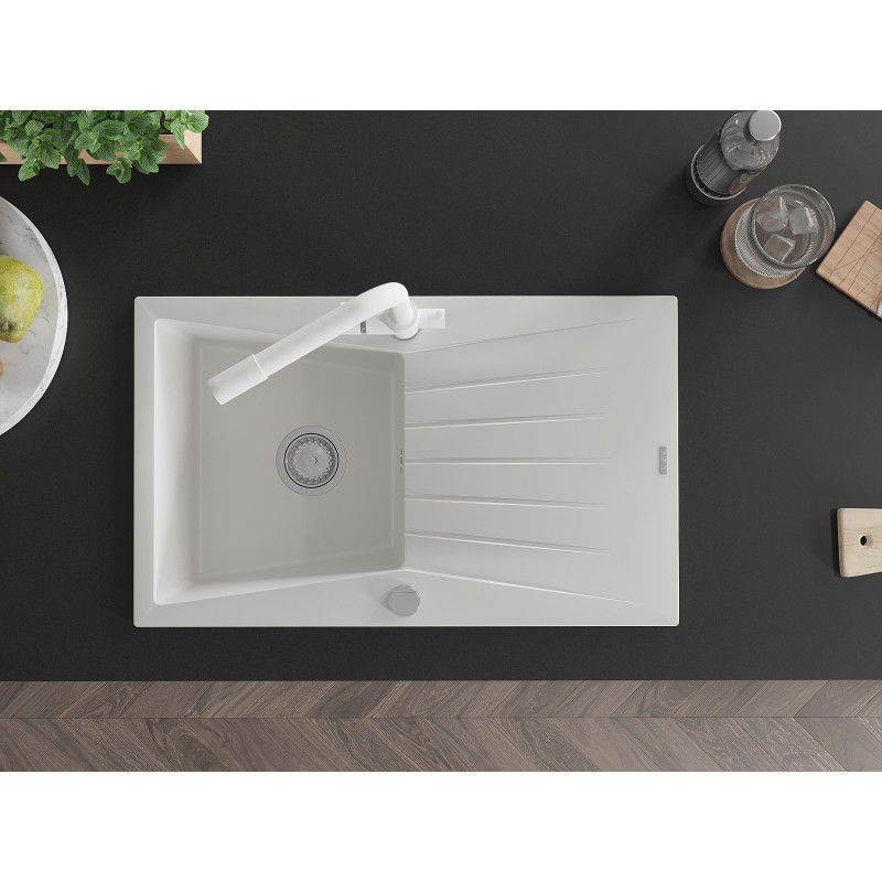 Mexen Cesar žulový kuchynský drez s odkvapkávačom a kuchynskou batériou Duero, biely - 6514-20-671600-20