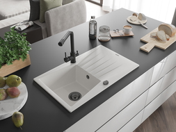 Mexen Cesar žulový drez s 1 komorou, odkvapkávacou plochou a kuchynskou batériou Duero, biely - 6514-20-671600-70