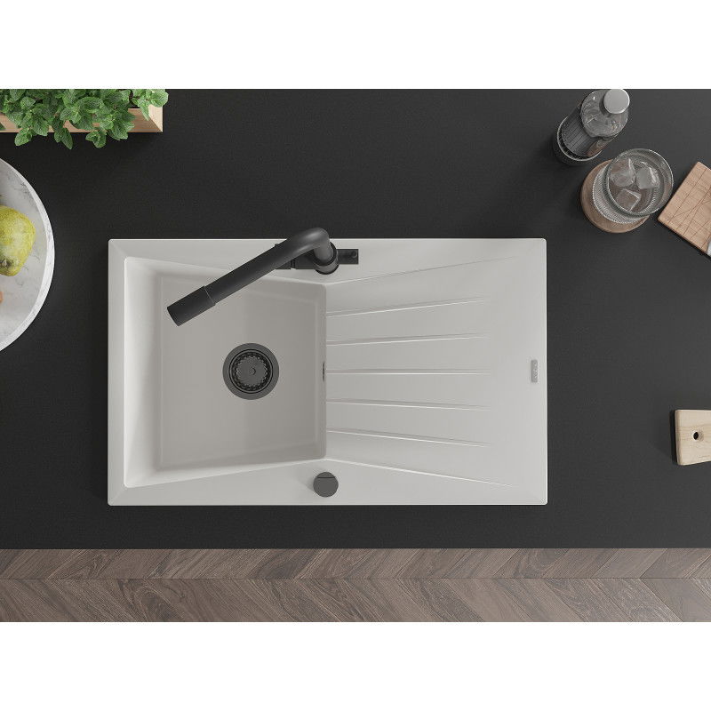 Mexen Cesar žulový drez s 1 komorou, odkvapkávacou plochou a kuchynskou batériou Duero, biely - 6514-20-671600-70