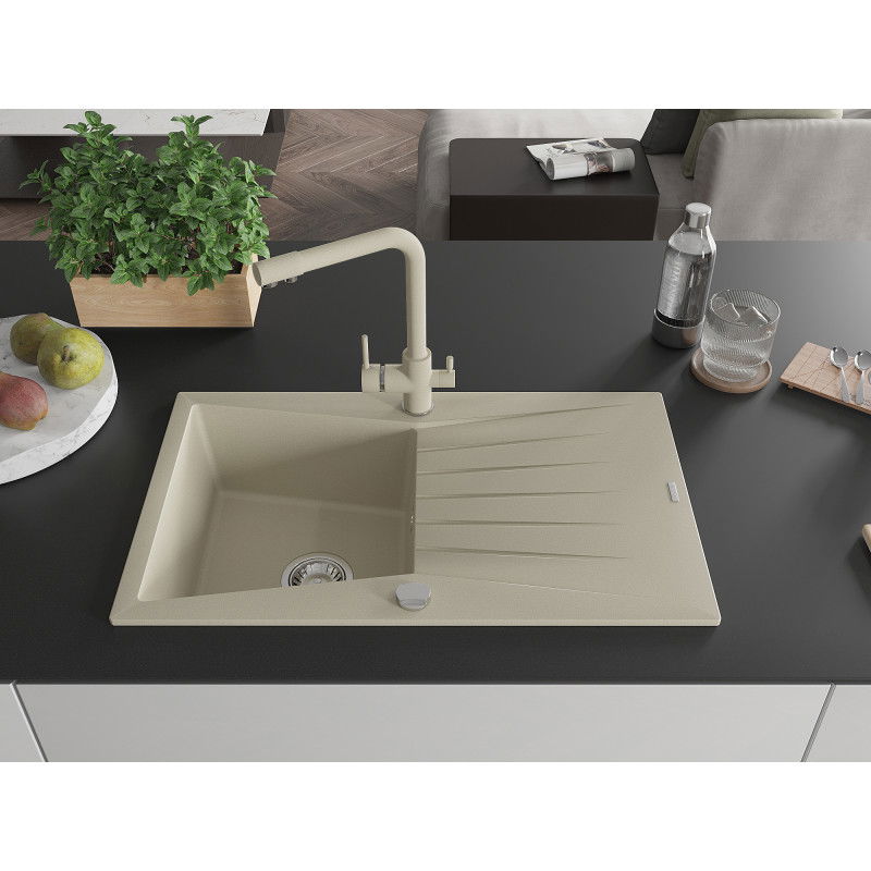 Mexen Cesar žulový drez s 1 komorou a odkvapkávacou plochou s kuchynskou batériou Duero, béžová - 6514-69-671600-69