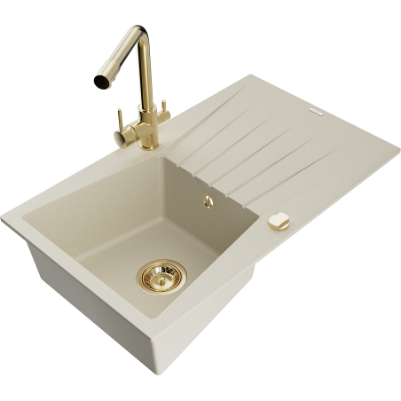 Mexen Cesar granitový drezu s 1 komorou, odkvapkávačom a kuchynskou batériou Duero, béžový - 6514-69-671600-50