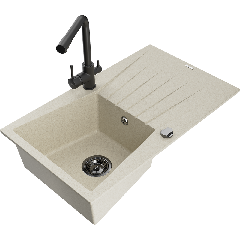 Mexen Cesar jednokomorový granitový drez s odkvapkávačom a kuchynskou batériou Duero, béžový - 6514-69-671600-70