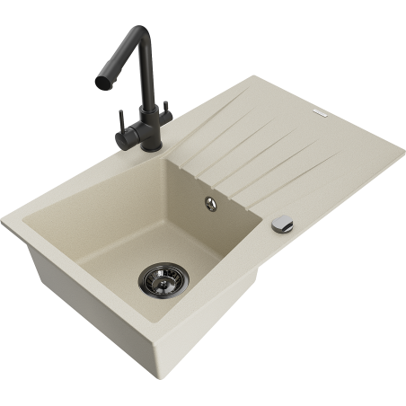 Mexen Cesar jednokomorový granitový drez s odkvapkávačom a kuchynskou batériou Duero, béžový - 6514-69-671600-70