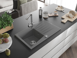 Mexen Cesar granitový drez s 1 komorou s odkvapkávačom a kuchynskou batériou Duero, sivý - 6514-71-671600-00