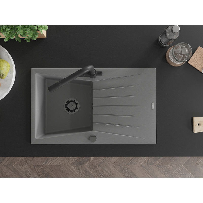 Mexen Cesar žulový kuchynský drez s 1 komorou a odkvapkávačom a kuchynskou batériou Duero, sivý - 6514-71-671600-70-B