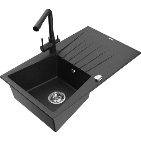 Mexen Cesar granitový drez s 1 komorou, odkvapkávačom a kuchynskou batériou Duero, čierny/strieborný metalíza
