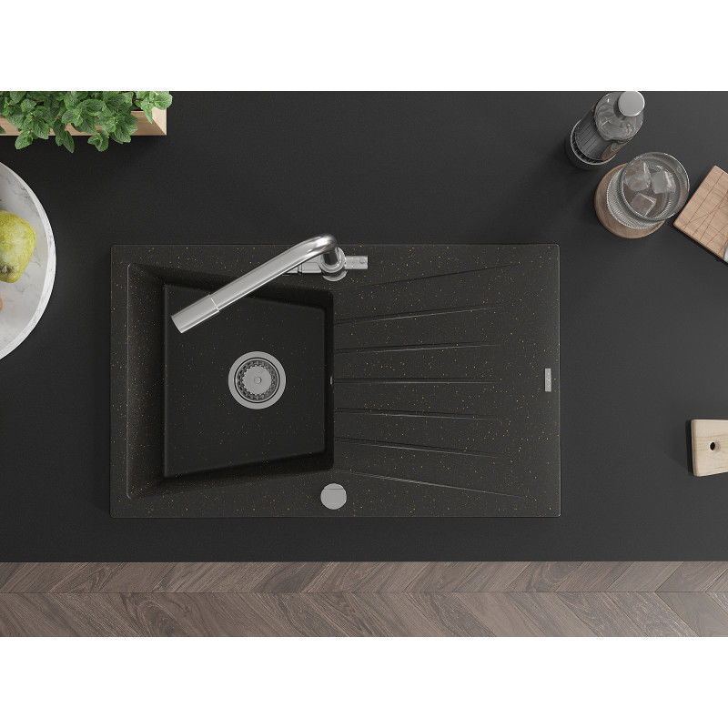 Mexen Cesar granitový drez s 1 komorou so sušičkou a kuchynskou batériou Duero, čierno-zlatý metalik - 6514-75-671600-00