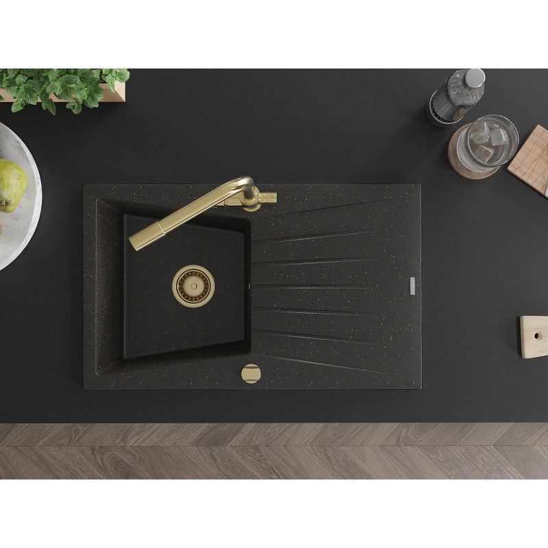 Mexen Cesar žulový drez s 1-komorou s odkvapkávačom a kuchynskou batériou Duero, čierny/zlatý metalik - 6514-75-671600-50