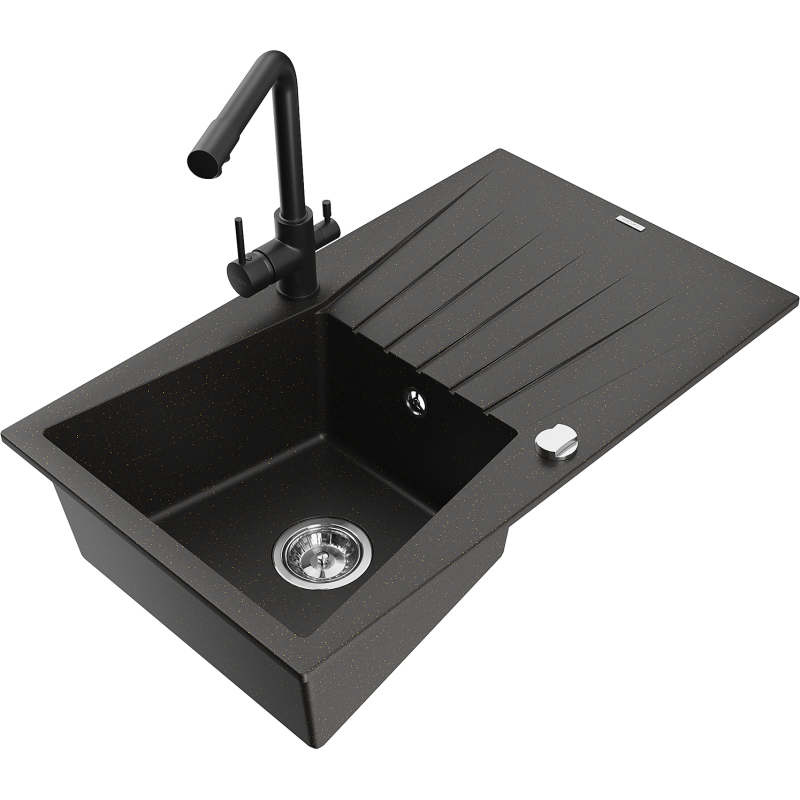 Mexen Cesar granitový drez s 1 komorou s odkvapkávačom a kuchynskou batériou Duero, čierny/zlatý metalik