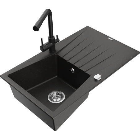 Mexen Cesar granitový drez s 1 komorou s odkvapkávačom a kuchynskou batériou Duero, čierny/zlatý metalik