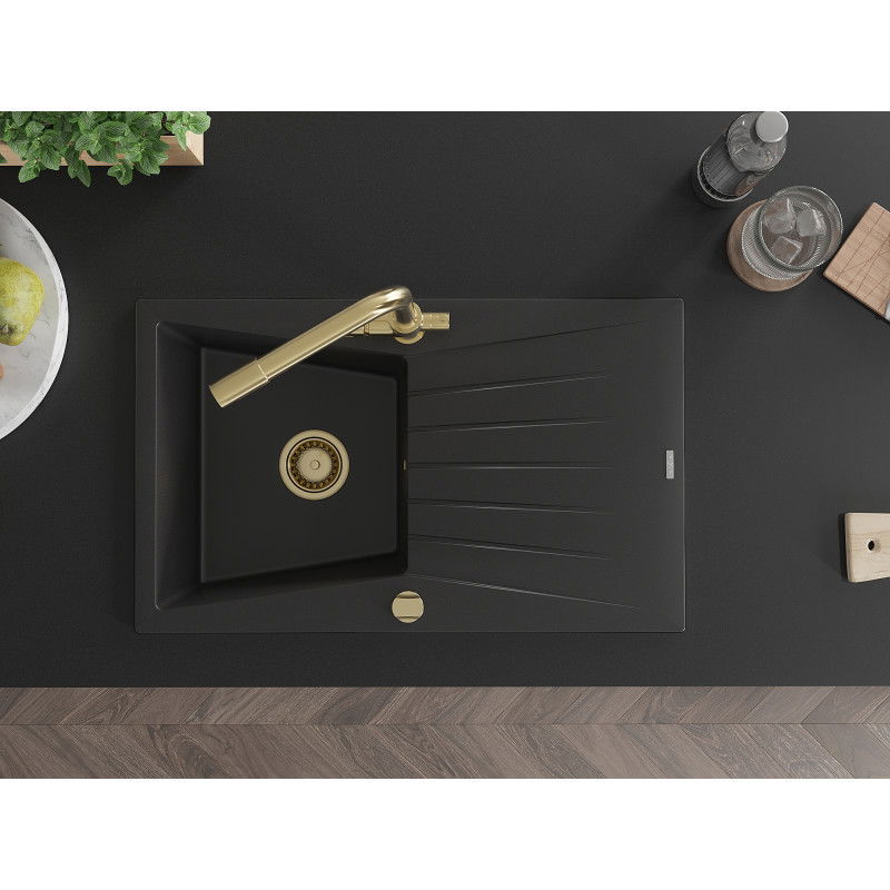 Mexen Cesar granitový drez s 1 komorou a odkvapkávačom a kuchynskou batériou Duero, čierny - 6514-77-671600-50