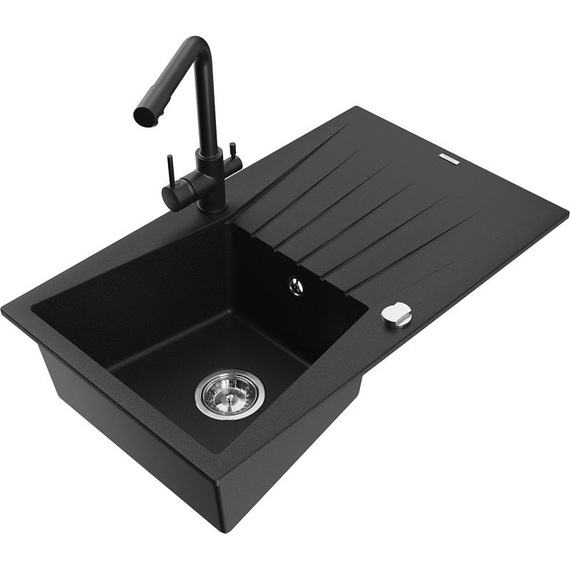 Mexen Cesar žulový drez s 1 komorou, odkvapkávacou plochou a kuchynskou batériou Duero, čierny - 6514-77-671600-70