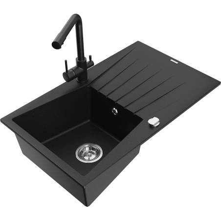 Mexen Cesar žulový drez s 1 komorou, odkvapkávacou plochou a kuchynskou batériou Duero, čierny - 6514-77-671600-70