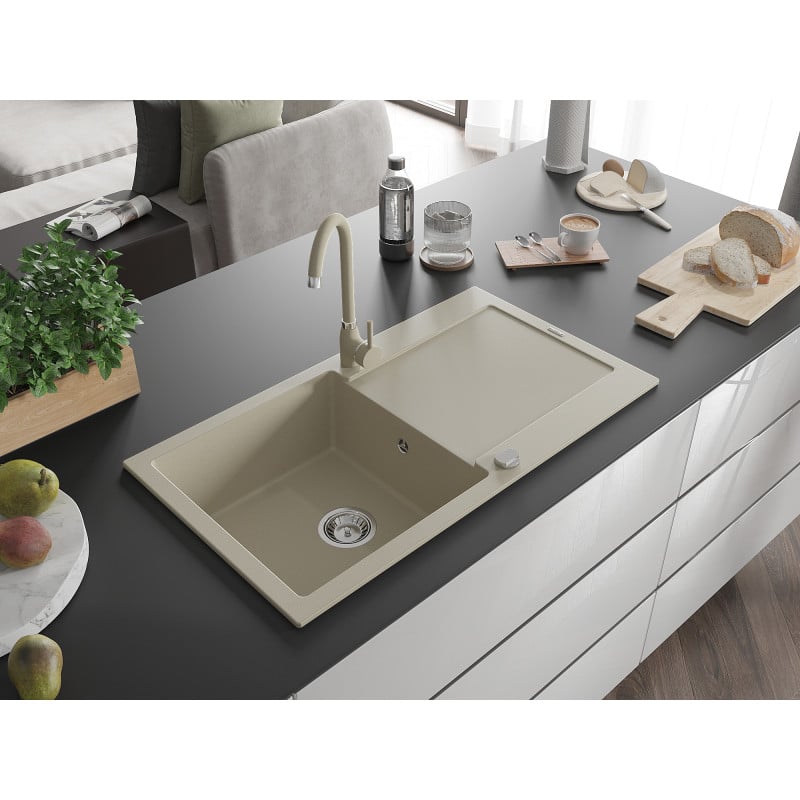Mexen Leo granitový drez 1-komorový s odkvapkávačom a kuchynskou batériou Telma, béžový - 6501-69-670200-69