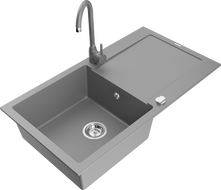 Mexen Leo žulový kuchynský drez s jednou komorou a odkvapkávačom a kuchynskou batériou Telma, sivý - 6501-71-670200-71