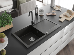 Mexen Leo granitový drez s jednou komorou a odkvapkávačom a kuchynskou batériou Telma, čierny/zlatý metalik
