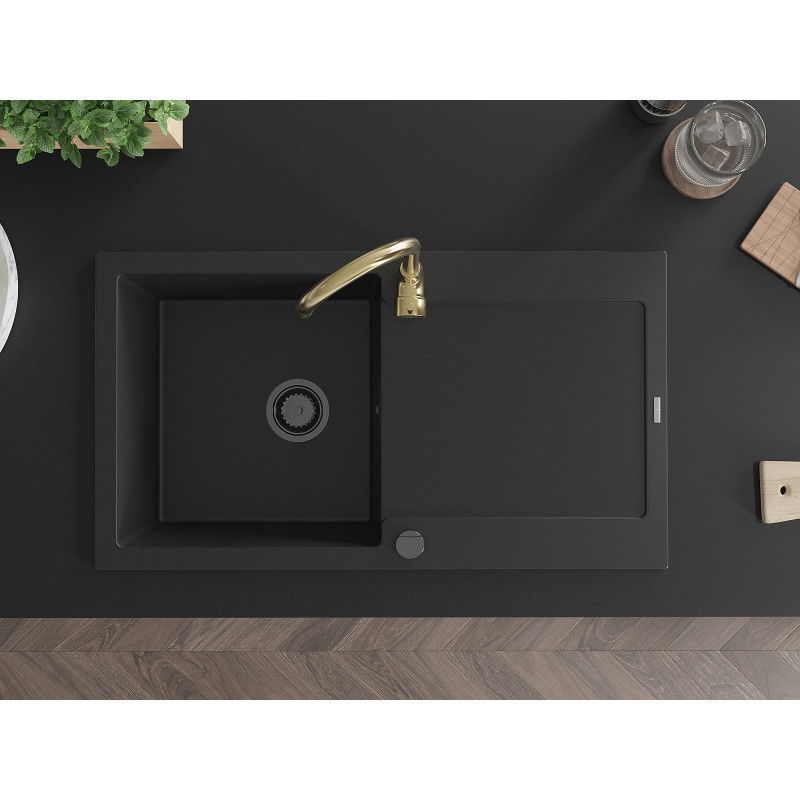 Mexen Leo žulový jednodrez s odkvapkávačom a kuchynskou batériou Telma, čierny - 6501-77-670200-50