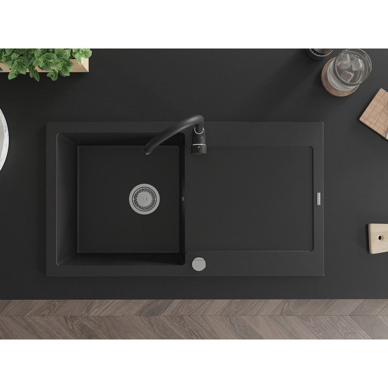 Mexen Leo žulový kuchynský drez 1-komorový s odkvapkávacou plochou a kuchynskou batériou Telma, čierny - 6501-77-670200-70