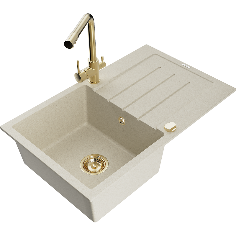 Mexen Bruno granitový kuchynský drez s 1-komorou, odkvapkávačom a kuchynskou batériou Duero, béžový - 6513-69-671600-50