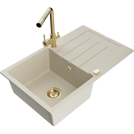 Mexen Bruno granitový kuchynský drez s 1-komorou, odkvapkávačom a kuchynskou batériou Duero, béžový - 6513-69-671600-50