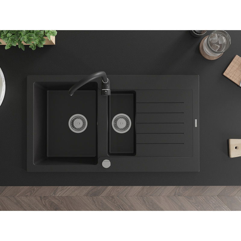 Mexen Matias granitový drez 1,5-komorový s odkvapkávačom a kuchynskou batériou Telma, čierny - 6502-77-670200-70