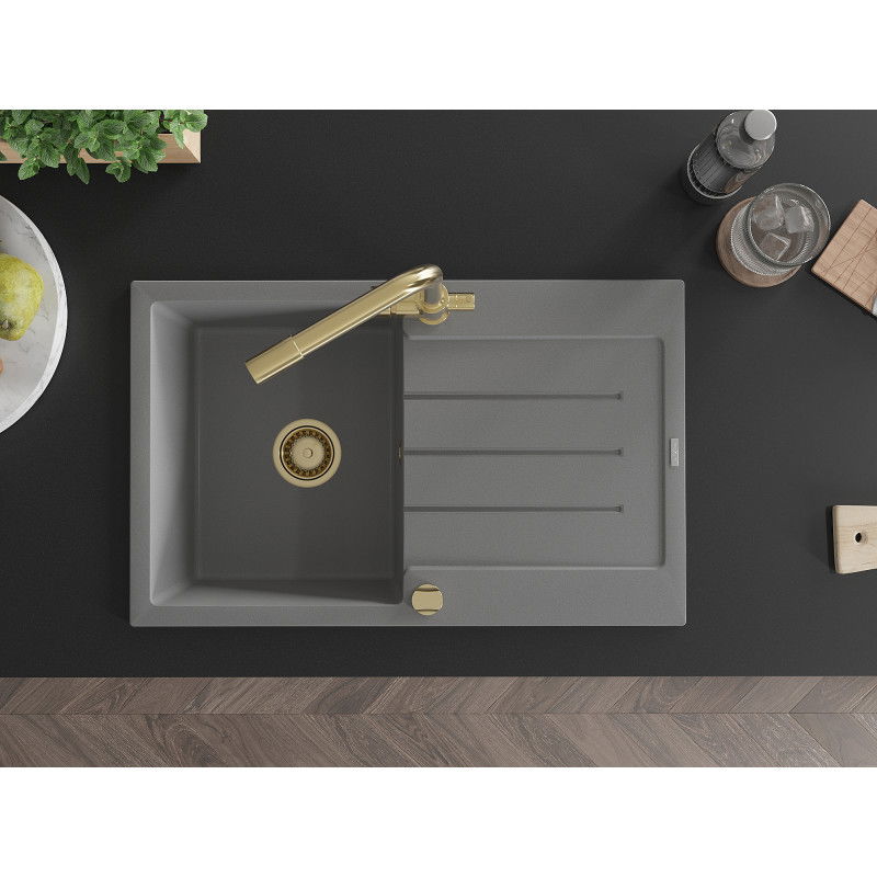 Mexen Bruno žulový drez s 1 komorou a odkvapkávačom a kuchynskou batériou Duero, šedá - 6513-71-671600-50