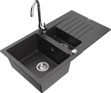 Mexen Matias žulový drez 1,5-komorový s odkvapkávačom a kuchynskou batériou Telma, čierny s bodkami - 6502-76-670200-00