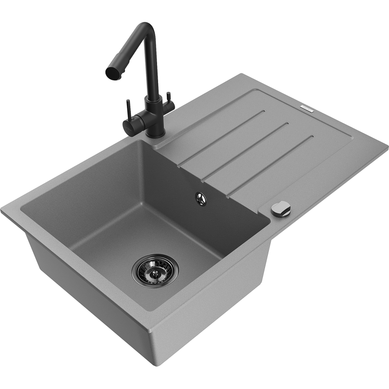 Mexen Bruno 1-komorový žulový drez s odkvapkávačom a kuchynskou batériou Duero, sivý - 6513-71-671600-70-B