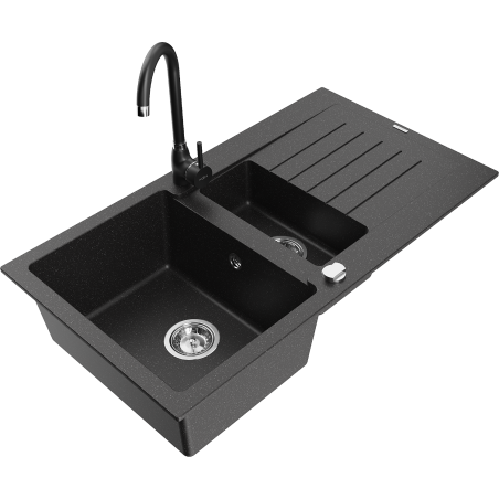 Mexen Matias granitový drez 1,5-komorový s odkvapkávačom a kuchynskou batériou Telma, čierny/strieborný