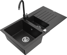 Mexen Matias granitový drez 1,5-komorový s odkvapkávačom a kuchynskou batériou Telma, čierny/strieborný