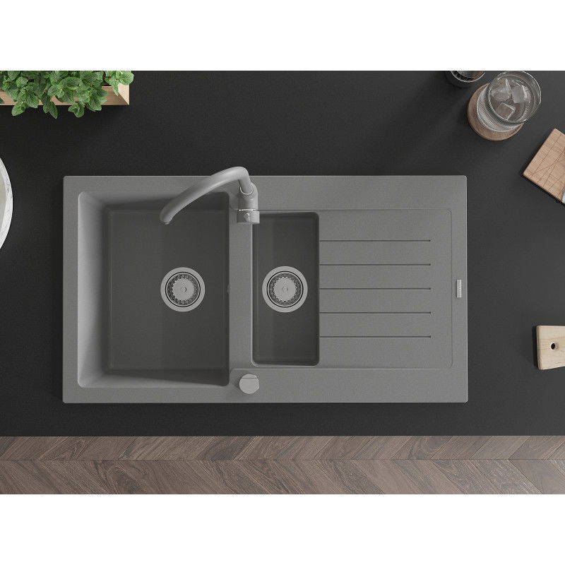 Mexen Matias granitový drez 1,5-komorový s odkvapkávačom a kuchynskou batériou Telma, sivý - 6502-71-670200-71
