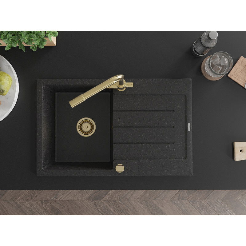Mexen Bruno granitový jednodrez s odkvapkávačom a kuchynskou batériou Duero, čierna/strieborný metalik - 6513-73-671600-50