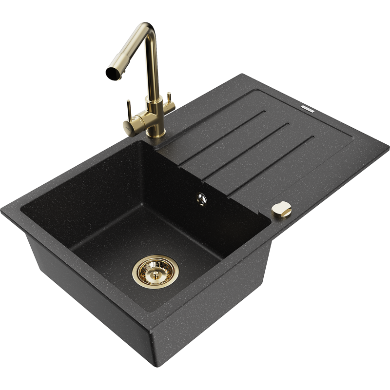 Mexen Bruno granitový jednodrez s odkvapkávačom a kuchynskou batériou Duero, čierna/strieborný metalik - 6513-73-671600-50