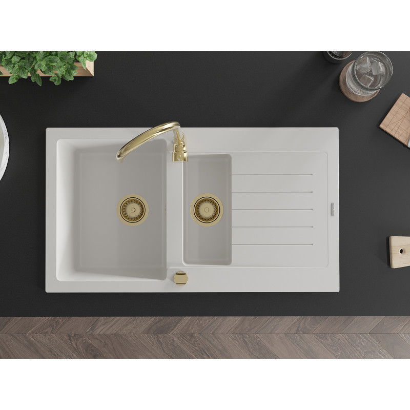 Mexen Matias žulový kuchynský drez 1,5-komorový s odkvapom a kuchynskou batériou Telma, biely - 6502-20-670200-50