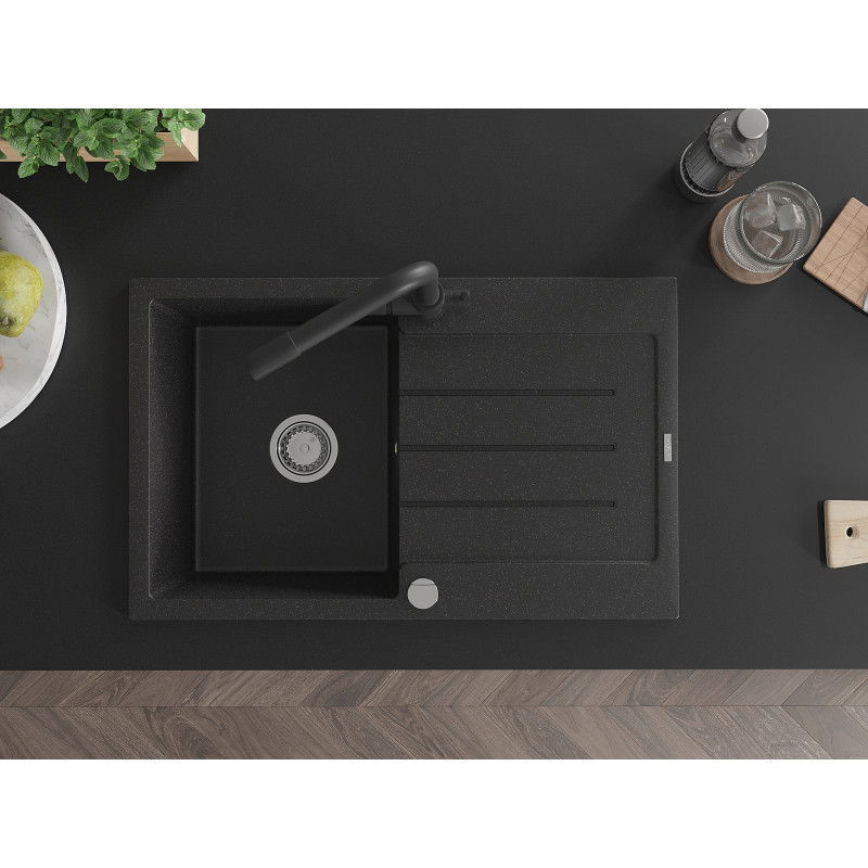 Mexen Bruno granitový drez s 1 komorou s odkvapkávačom a kuchynskou batériou Duero, čierna/strieborný metalik