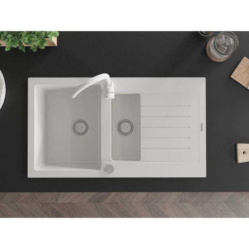 Mexen Matias granitový drez 1,5-komorový s odkvapkávacou plochou a kuchynskou batériou Telma, biely - 6502-20-670200-20